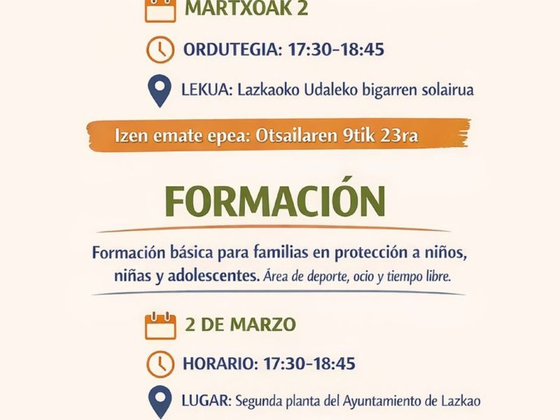 Azken egunak haur eta nerabeen babesa hizpide izango duen datorren martxoaren 2ko familientzako prestakuntzan izena emateko