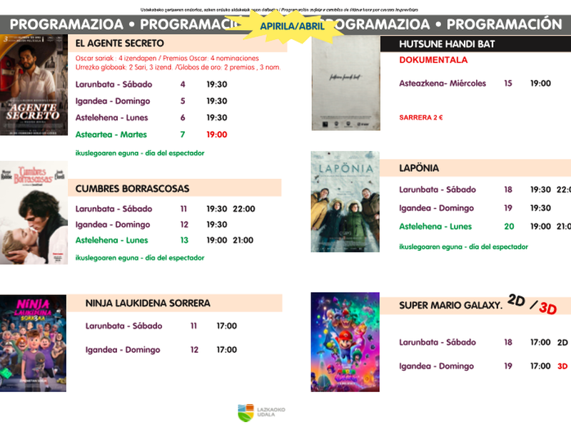 Lazkaoko apirileko zinema-programazioan El agente secreto filma eta Hutsune handi bat dokumental arrakastatsuak izango dira ikusgai