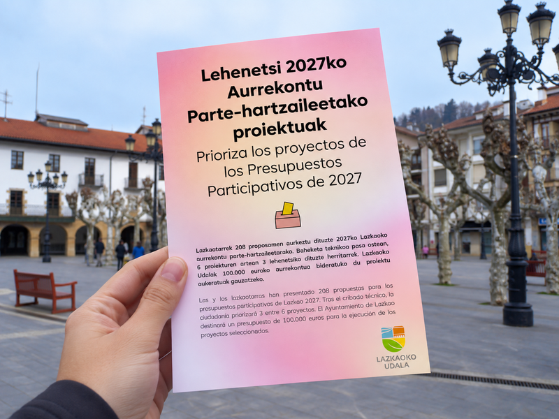 Lazkaok 2027ko Aurrekontu Parte-hartzaileetako proiektuak erabakitzeko bozketa fasea ireki du Lazkaok 2027ko Aurrekontu Parte-hartzaileetako proiektuak erabakitzeko bozketa fasea ireki du